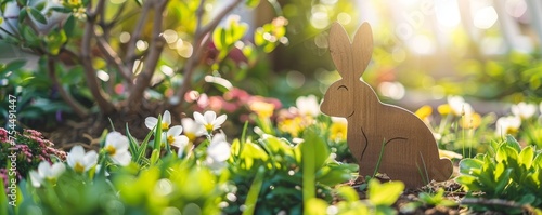 Whimsical Wooden Bunny Figures Hiding Among Spring Flowers in a Vibrant Garden Setting