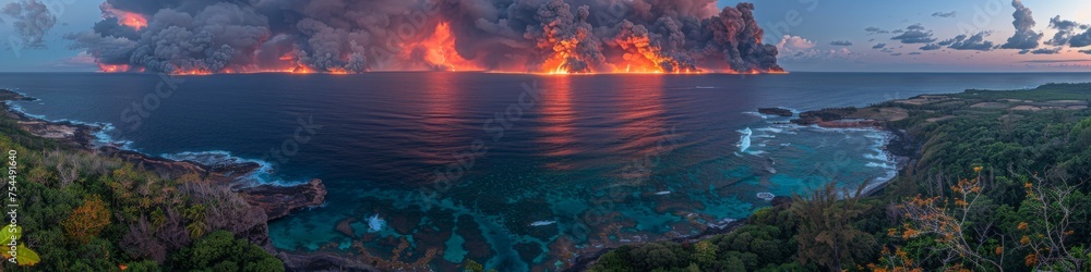 Volcanic Eruption by the Sea with Lava Flows and Smoke in a Scenic Panoramic View