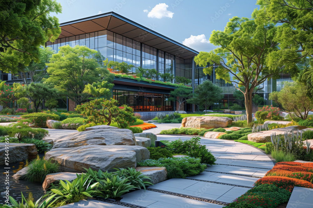 A panoramic shot of a modern business campus with landscaped surroundings, fostering a balanced and inspiring work environment. Concept of a holistic workplace. Generative Ai.
