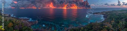 Volcanic Eruption by the Sea with Lava Flows and Smoke in a Scenic Panoramic View © Ross