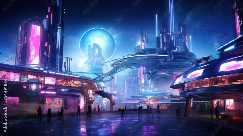 A mesmerizing scene of a futuristic urban metropolis on an extraterrestrial planet with neon lights, and a huge satellite in the night sky.