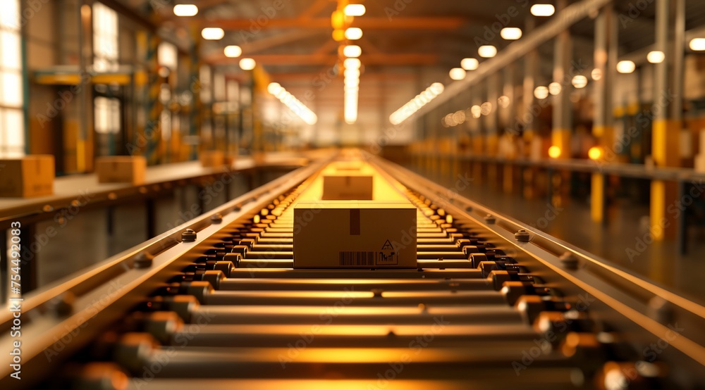 a warehouse with boxes on the conveyor belt