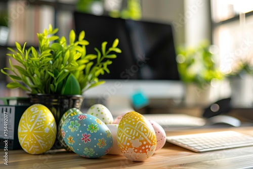 Easter Meets Efficiency: Brightly Colored Eggs Add a Festive Touch to a Professional Workspace