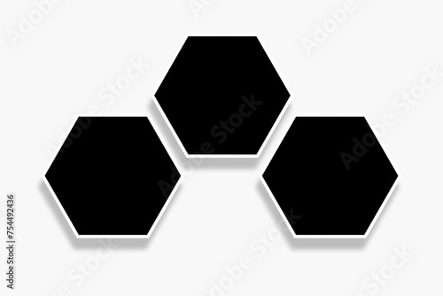 3 Polygon photo frames template of hexagon shapes in a cool simple layout. Used as a printable photo collage or a blank mock up for album pictures or photographs collection in a classic old style.