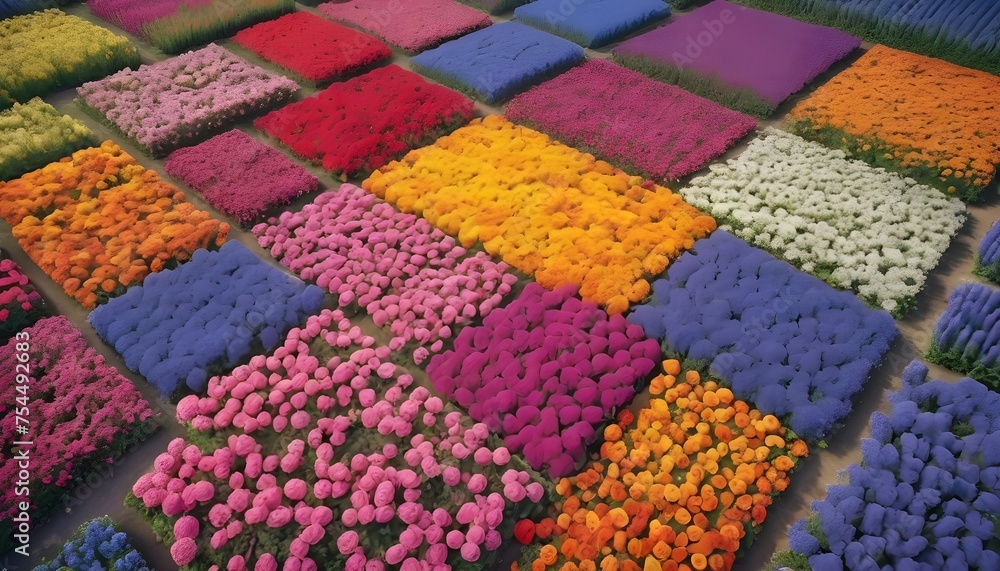 Aerial view of colorful flowers fields
