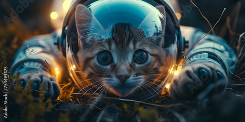 Curious cat explores the cosmos in a spacesuit and imagines thrilling adventures. Concept Imaginative Cat, Space Adventure, Cosmos Exploration, Curious Feline, Thrilling Adventures