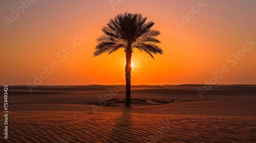 A single date palm tree stands tall against a vibrant orange sunset  casting a long shadow on a vast sand dune landscape  symbolizing resilience and faith during Ramadan.