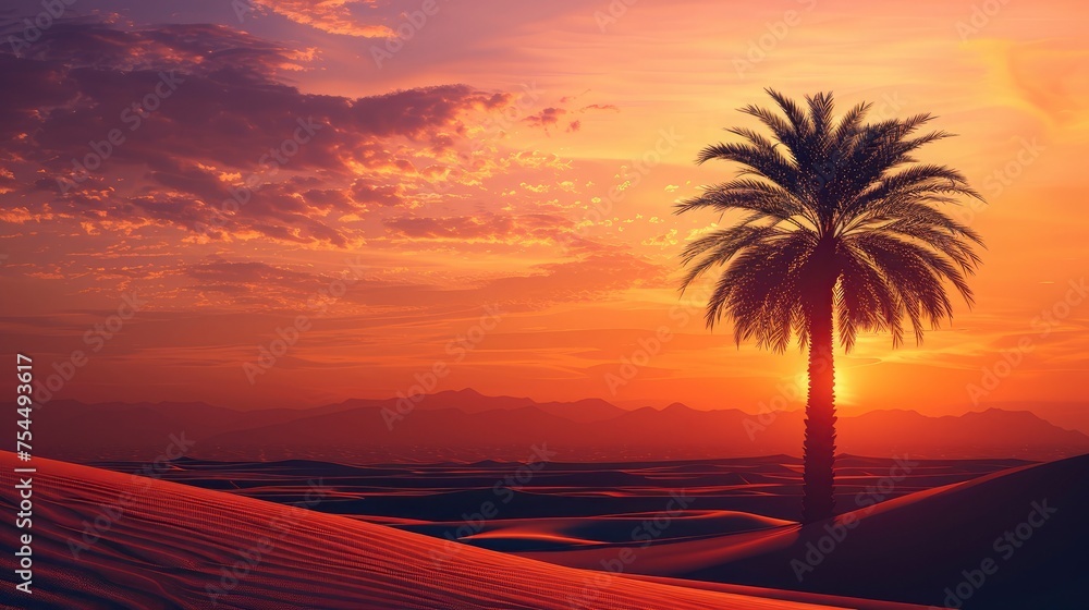 A single date palm tree stands tall against a vibrant orange sunset, casting a long shadow on a vast sand dune landscape, symbolizing resilience and faith during Ramadan.