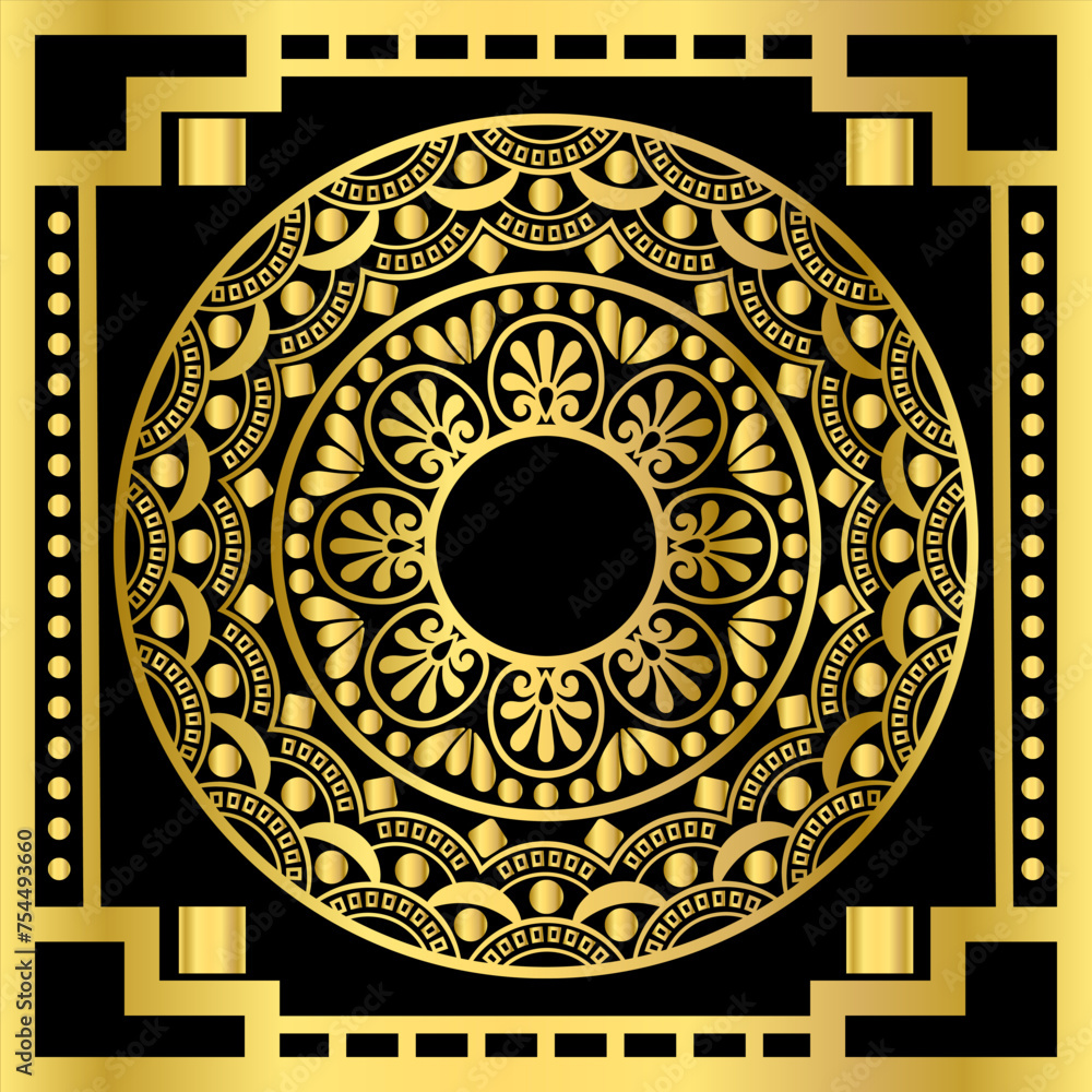 Luxury mandala in gold color on a black background with a golden frame.  Ethnic art design for the cover,  card template, flyer, print.
Vector illustration.