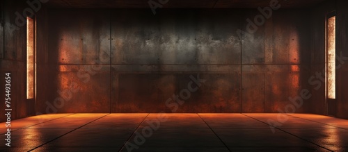 A dark and empty room with rusted metal and concrete surfaces  illuminated by faint lighting. The absence of any occupants creates a somber atmosphere in the space.