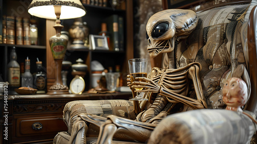 alien on chair with drink