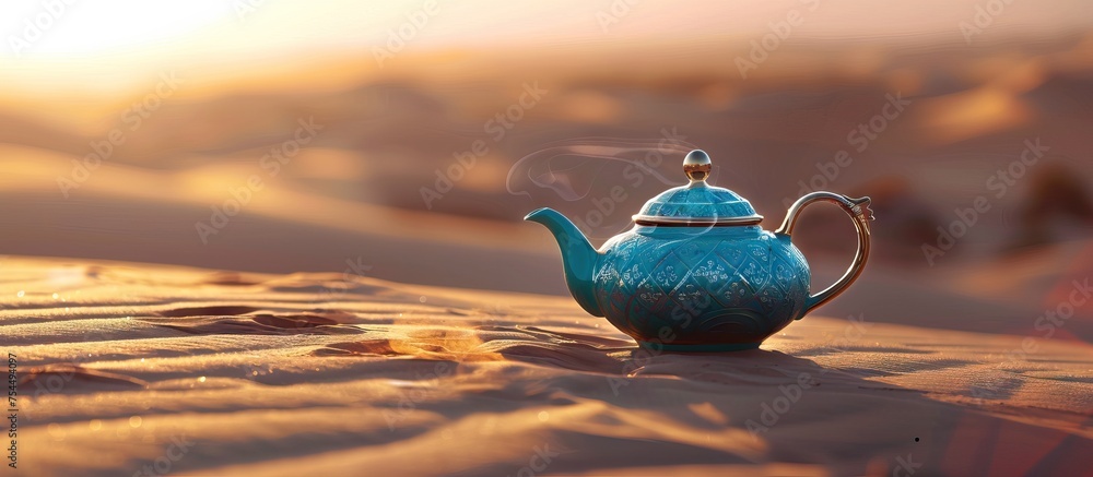 A golden teapot with a spout stands in the desert. AI generated illustration - obrazy, fototapety, plakaty 