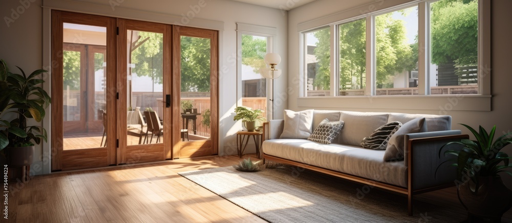 A living room filled with furniture including a couch, coffee table, and chairs. Numerous windows line the walls, flooding the room with natural light. The wood floors add warmth to the space. A living room filled with furniture including a couch, coffee table, and chairs. Numerous windows line the walls, flooding the room with natural light. The wood floors add warmth to the space.