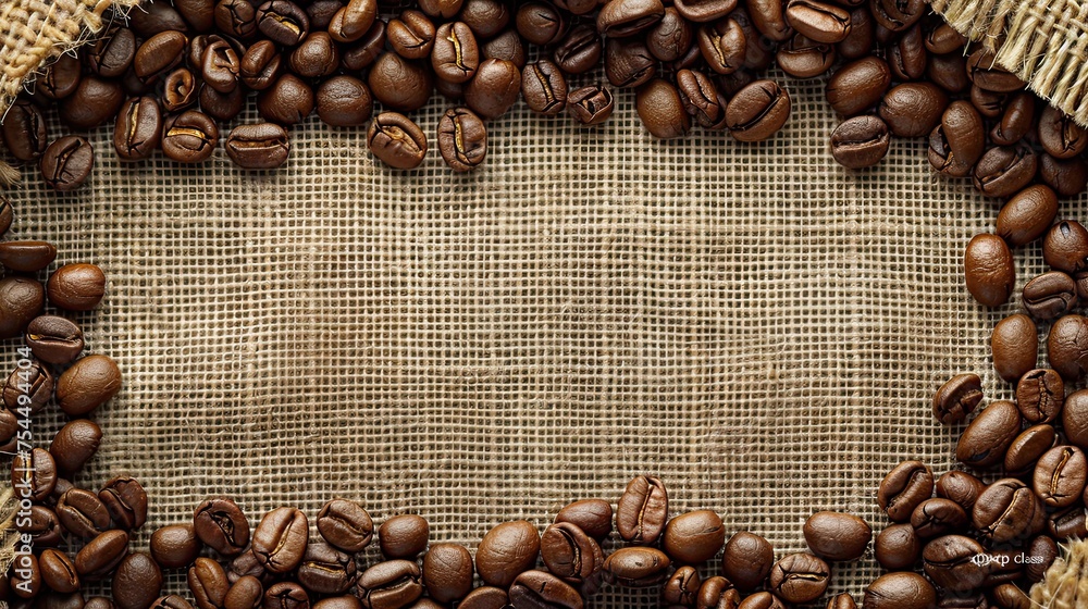 Illustration, roasted coffee beans, framed in a burlap fabric. Illustration, roasted coffee beans, framed in a burlap fabric.