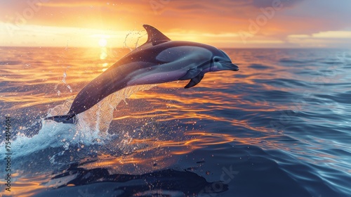Dolphin leaping out of the ocean at sunset, capturing the elegance and joy of marine life in a stunning and vibrant seascape © Ross