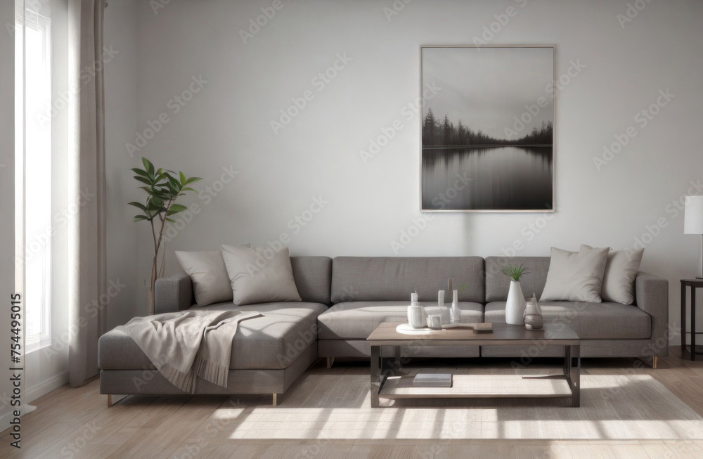 Cozy living room with couch, table, and picture frame. Suitable for interior design concepts, home decor blogs, or lifestyle magazines Cozy living room with couch, table, and picture frame. Suitable for interior design concepts, home decor blogs, or lifestyle magazines