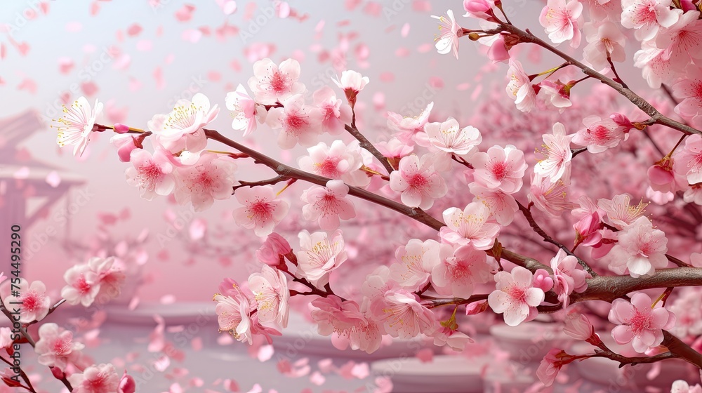 Blurred pink petals on pastel background of blooming cherry tree,