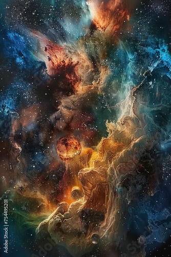  The cosmic background presents a vast expanse of stars  nebulae  and galaxies  evoking a sense of awe and wonder at the mysteries of the universe