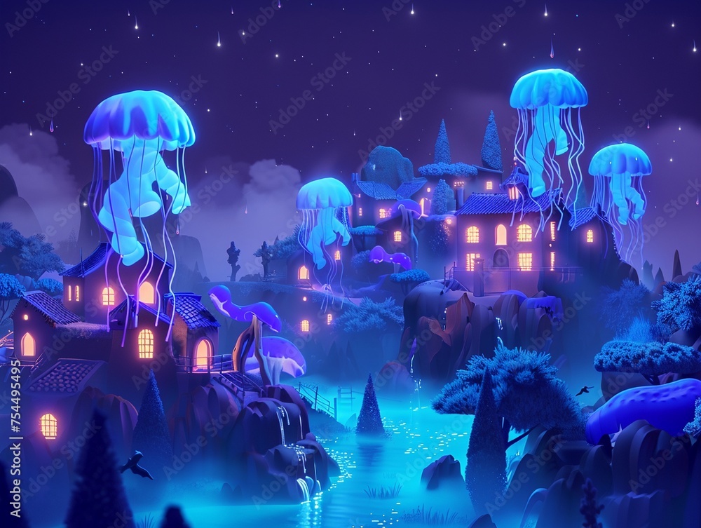 3D Illustrate of Haunted settlements are visited by the ghostly presence of jellyfish.in the cartoonish character design style with high resolution high detail - obrazy, fototapety, plakaty 