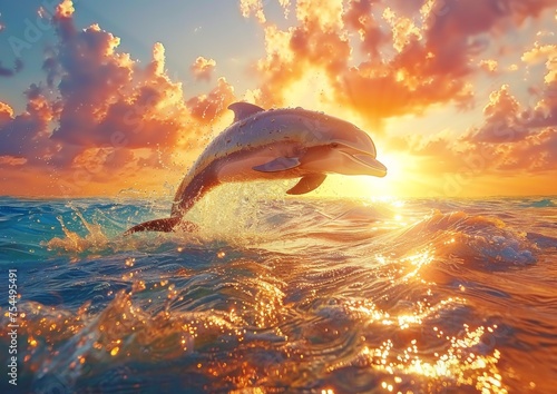 Dolphin Playfully Leaping Through Sun-Infused Ocean Waters, Great for Travel Blogs and Marine Photography © Ross