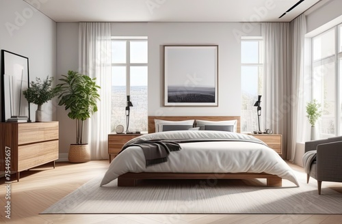 Light modern bedroom with natural wooden furniture.