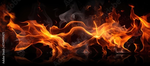 This image showcases a detailed close-up of fiery flames dancing fiercely on a pitch-black background. The flames are vivid and dynamic, creating a striking contrast against the darkness.