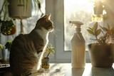 safe environmental cleaning product for the home, a cat is sitting next to a pet, a plant is in the background. cleaning the house. Window