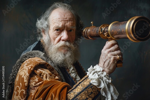 Portrait of Galileo Galilei and his telescope photo