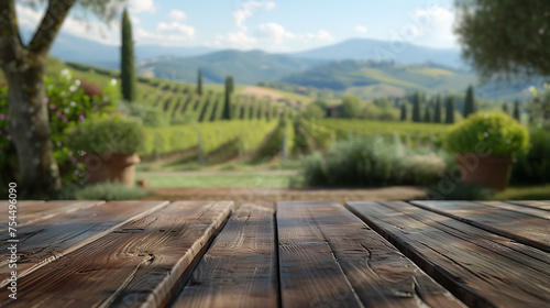 Wooden table in front of vineyard in Tuscany, Italy