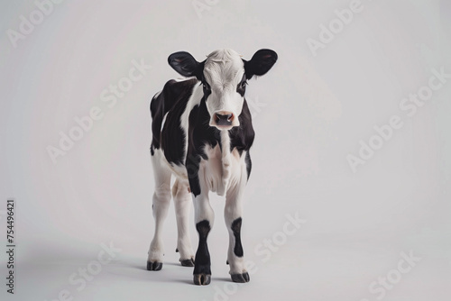 Curious black and white calf on a plain white background