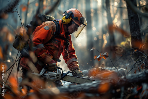 Firefighter cutting through debris with chainsaw