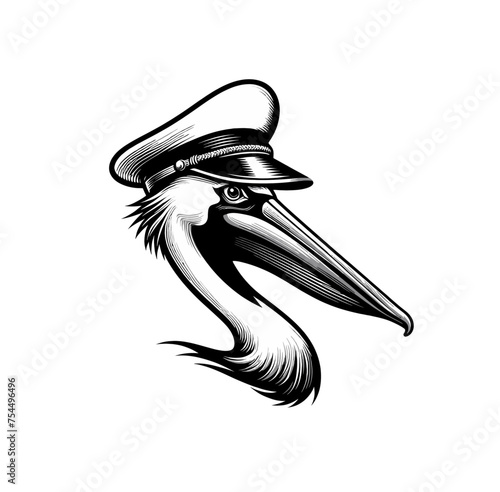 Pelican in captain hat engraved monochrome isolated vector illustration