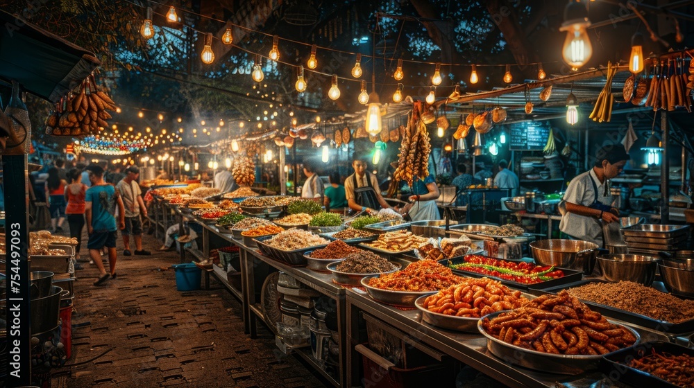 Night market with colorful food displays in the city marketplace