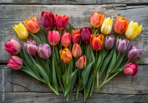 Colorful Tulips on Wooden Table