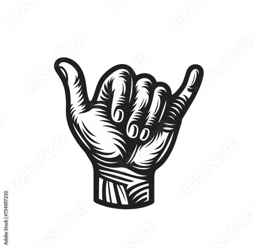 SHaka sign hand gesture monochrome isolated vector illustration
