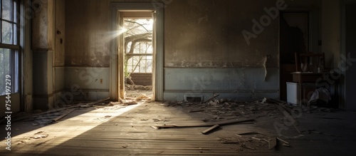 The image shows a run-down room within an abandoned and neglected home, with a broken door standing ajar. Natural light filters in through a dirty window, casting shadows on the debris-covered floor. © Vusal
