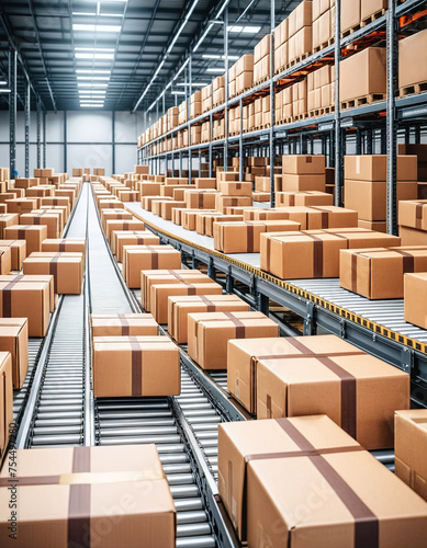 Cardboard boxes on conveyor belts and rows of boxes in a distribution warehouse