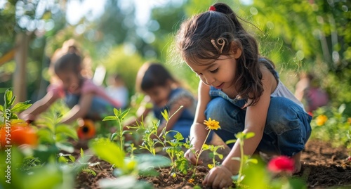 Two Little Girls Playing in a Field of Flowers