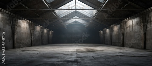 The image depicts an abandoned roof of a pigsty, showcasing a long ceiling and a faint light at the end of the room. The space is filled with gray concrete and resembles a warehouse interior.