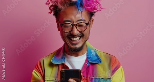 Man With Colorful Wig Using Cell Phone