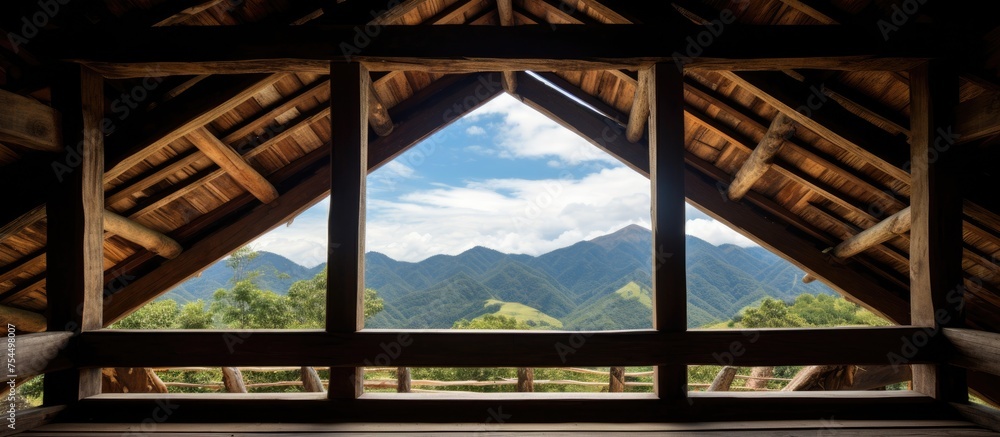 Obraz premium A window provides a view of a vast mountain range stretching into the distance. The snow-capped peaks contrast against the blue sky, creating a striking natural scene.