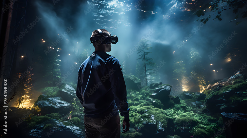 The person wearing futuristic virtual reality glasses for gaming. Generative AI The person wearing futuristic virtual reality glasses for gaming. Generative AI