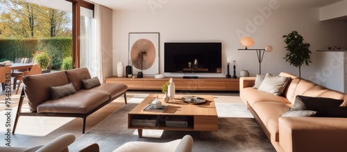 A contemporary living room filled with elegant furniture, including a cozy couch and a flat-screen TV. In the background, a dining table and chairs can be seen, © Vusal