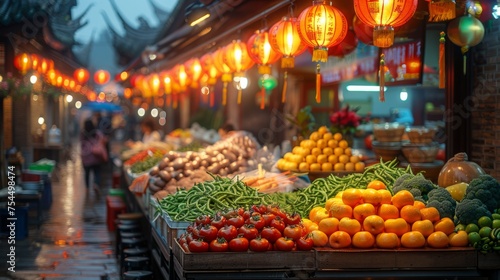 Greengrocer selling citrus fruits at a rainy city market