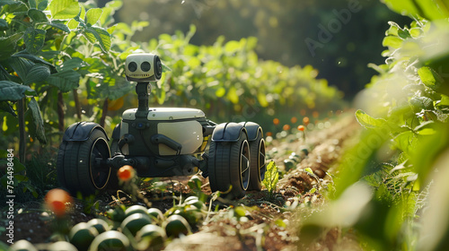A network of autonomous agricultural robots tending to crops with precision and efficiency, revolutionizing modern farming practices.