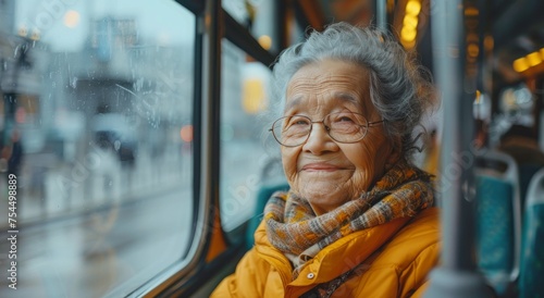 Older Woman Wearing Hat and Scarf on Bus