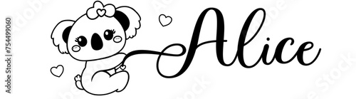 Alice - black color - name written - Word with Koala kawaii for websites, baby shower, greetings, banners, cards,, t-shirt, sweatshirt, prints, cricut, silhouette, sublimation	