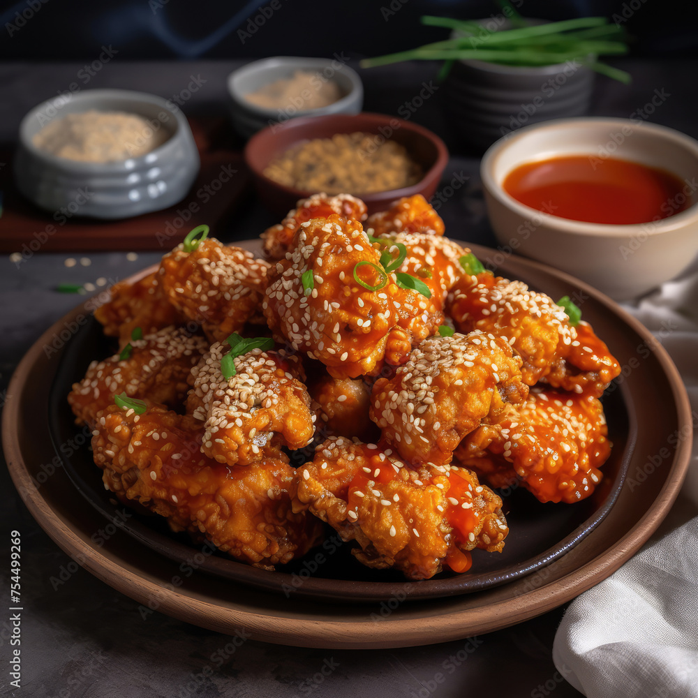 General Tso crispy chicken with susame in a bowl. Far east, Thai, Japanese, Korean, Chinese cuisine. Close-up General Tso crispy chicken with susame in a bowl. Far east, Thai, Japanese, Korean, Chinese cuisine. Close-up