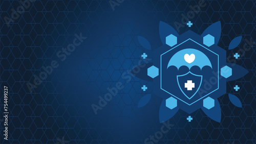 Medical insurance concept vector banner design with medical cross sign, umbrella , shield, heart shape on a blue background for advertisement, social media, web, flyer and more.