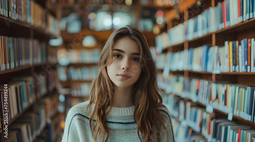 Knowledge Pursuit: A Happy Caucasian Student at the Bookshelf. Generative AI